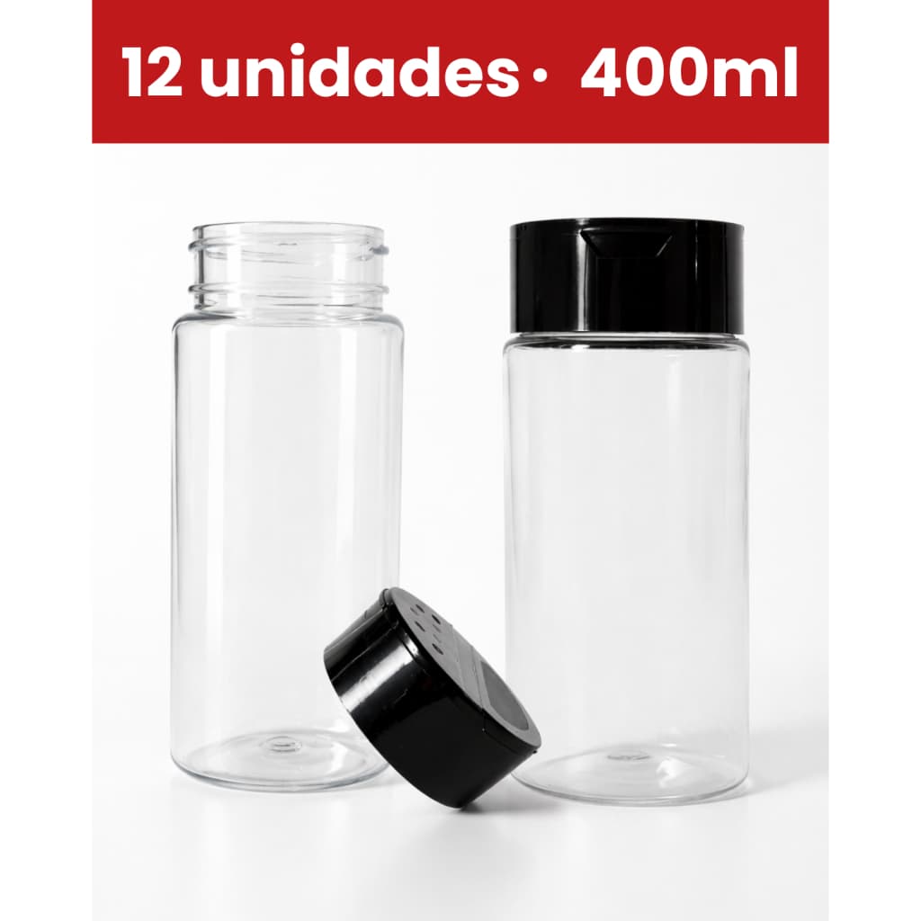 12 Potes para Tempero 400ml PET Alto com Tampa Dosadora Flip Top Preta
