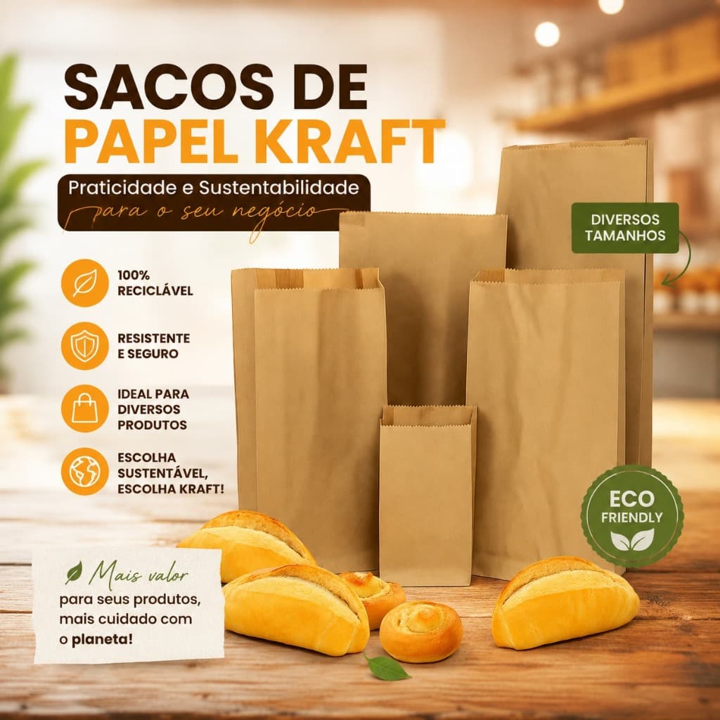 Saco Kraft Pão Mix Papel Pardo Liso 500Un Padaria Hamburgueria Salgado Mercearia Lanche Pães Mix