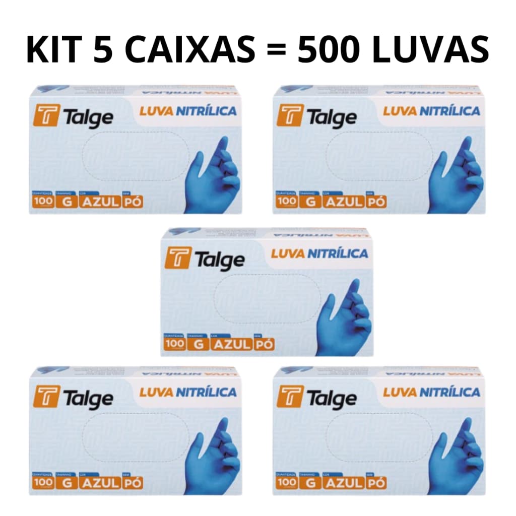 Kit 5 X 100 Caixas de Luva Nitrilica Sem Pó Azul Blue 500 Unidades P M G