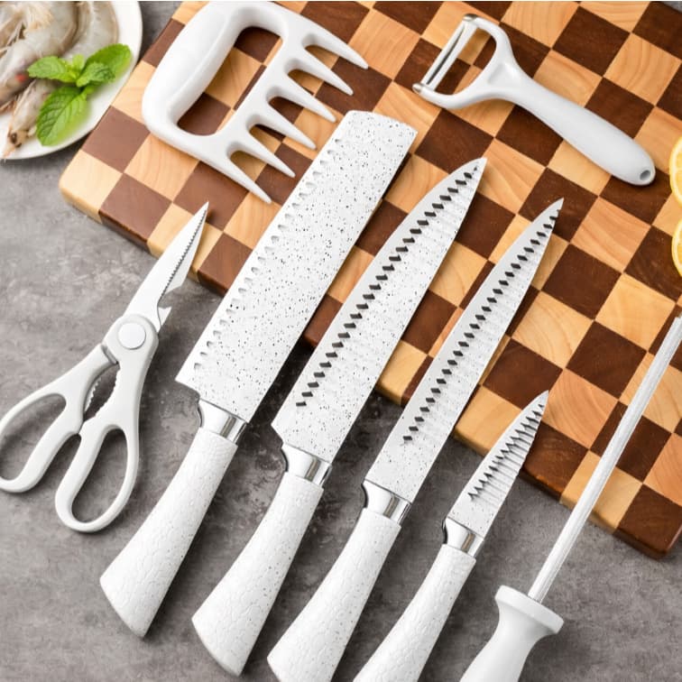 Jogo de Facas 8 Peças Profissional Inox Branco - Kit Cozinha Completo com Garra de Urso e Chaira