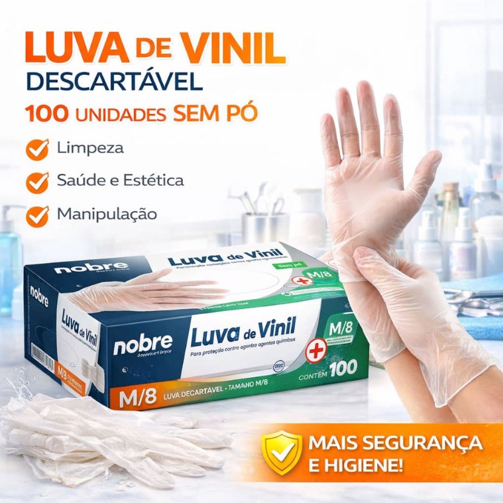 Caixa 100 Luvas Vinil Sem Pó M Descartável Transparente para Limpeza Saúde Estética Manipulação