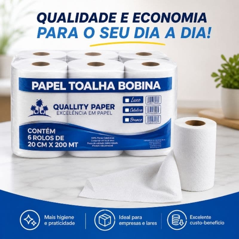 Papel Toalha Bobina 6 Rolos 20cm x 200m Alta Absorção Econômico Industrial Profissional