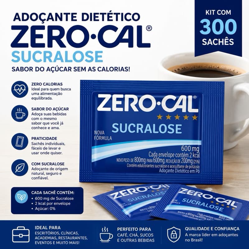 Adoçante Dietético Zero Cal Sucralose- 300 Sachês Adoçante Envelope Com 600 mg Cada