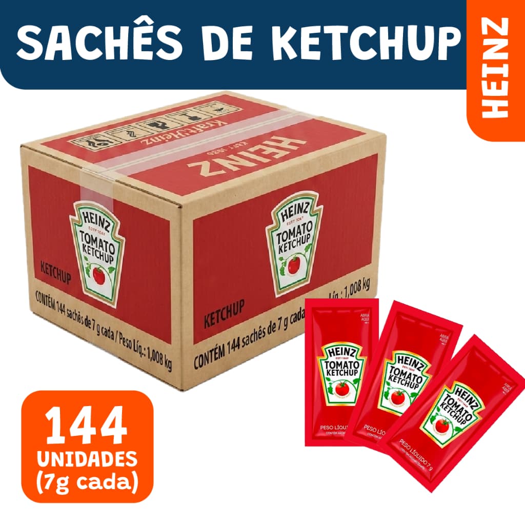 Caixa Sachê Ketchup Heinz 144 Unidades Sabor Original Delivery Lanches 7g