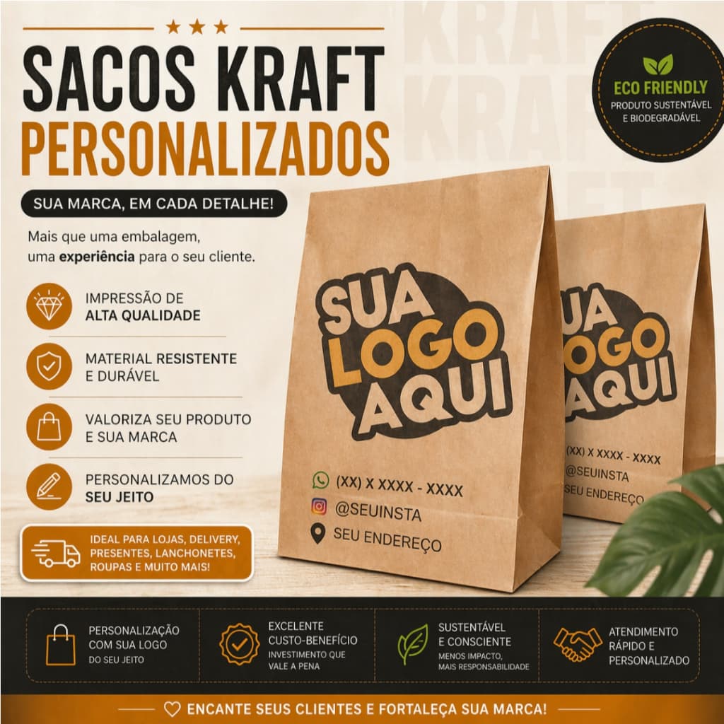 Sacola Personalizada Saco Kraft Delivery comida Sem alça 36ax20LxP12