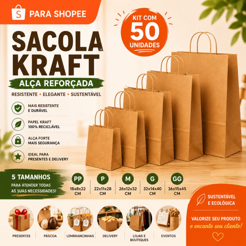 Sacola Papel Kraft Alça PP, P, M, G,GG 50und Lembrancinha Presente Páscoa Delivery