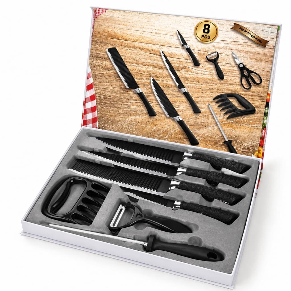 Kit Facas Cozinha 8 Peças Chef Profissional Aço Inox Churrasco Cutelo Chaira Tesoura Premium