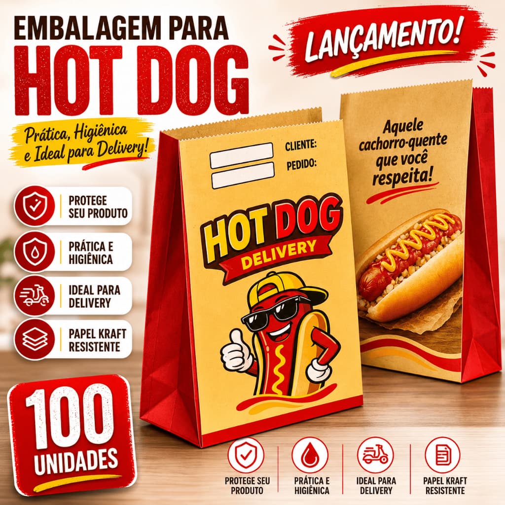 Embalagem Hot Dog Delivery Kraft 100 Unidades Saco Papel Grosso 80g