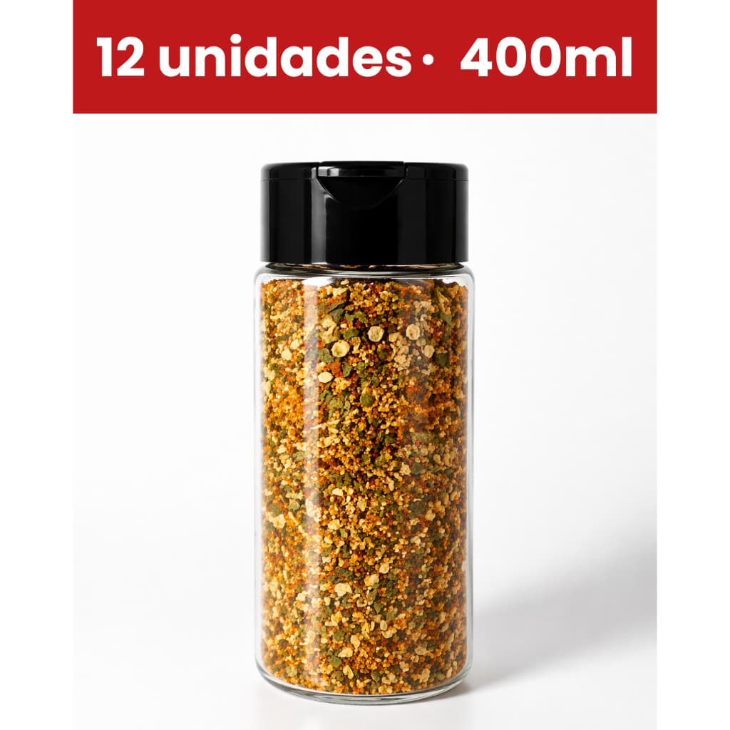 Kit 12 Potes 400ml PET Transparente com Tampa Flip Top Slim Preta