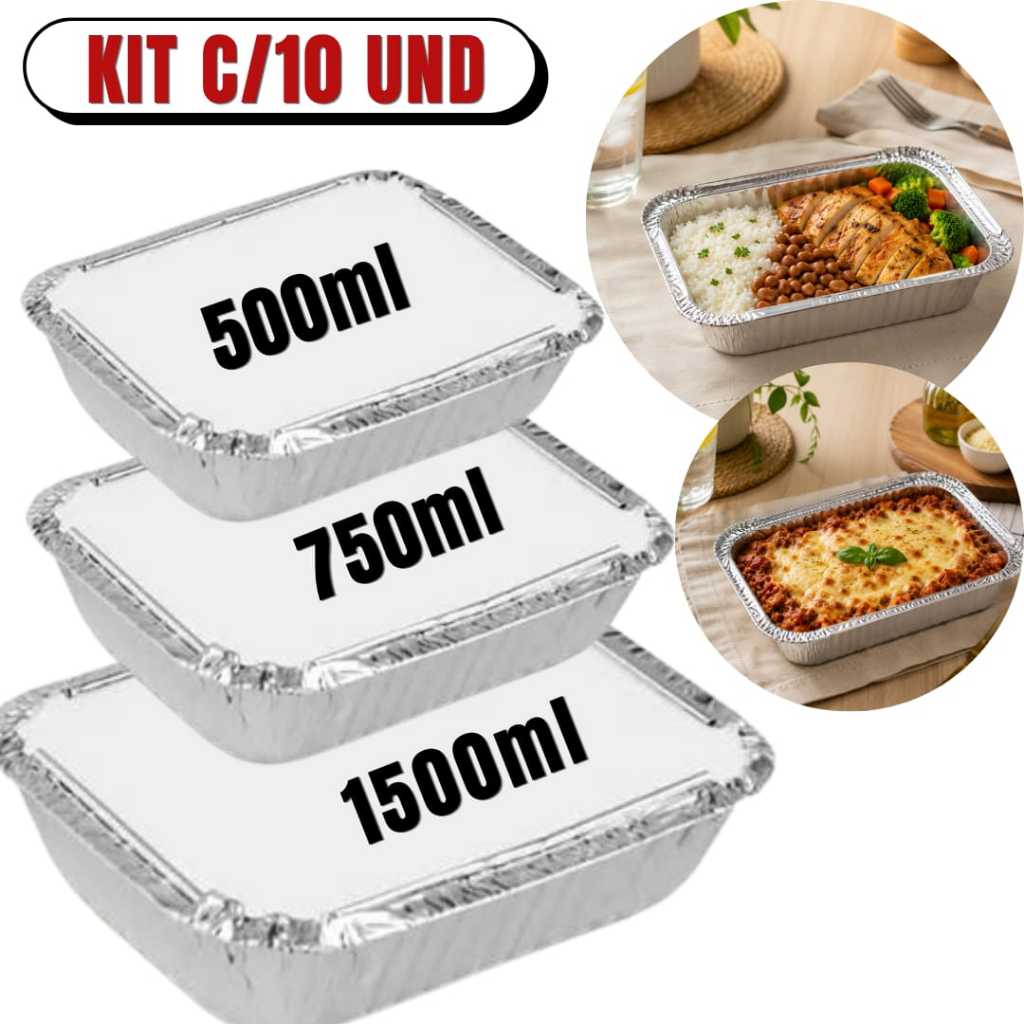 Kit 10 Bandeja Marmita Retangular Aluminio  500ml 750ml 1500ml Com Tampa  Marmitinha