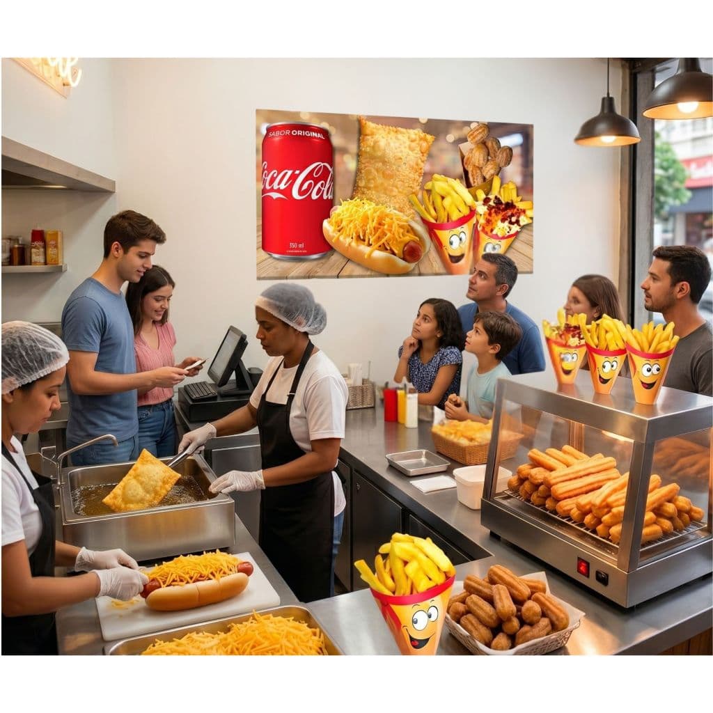 Painel Adesivo Parede Batata Churros Hot Dog Pastel Cone Bebida Decorativo