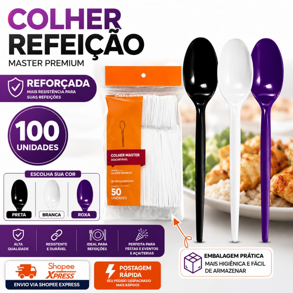 100 Unidades Colher de Refeição Master Premium Descartável roxa, branca e preta.