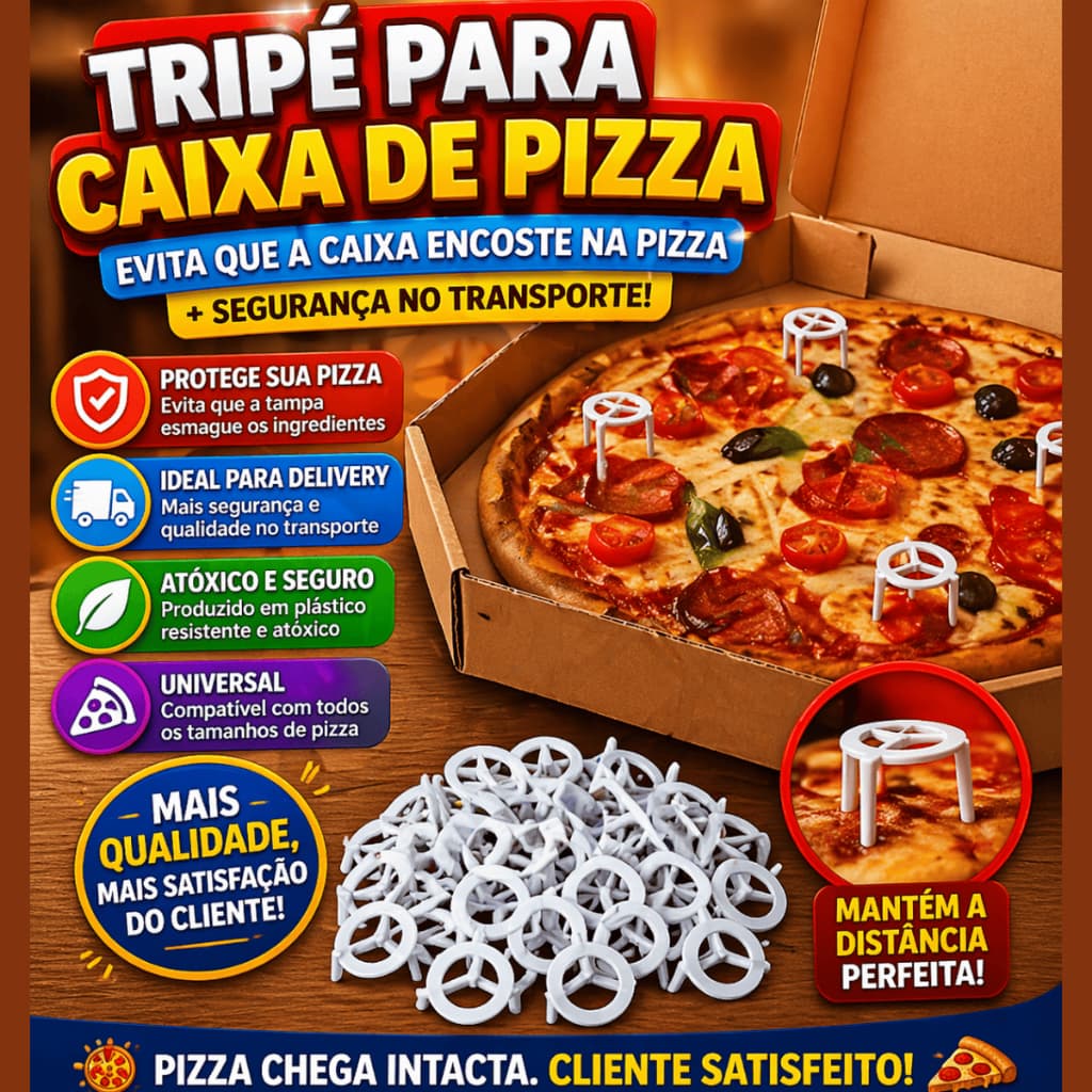 Suporte Tripé para Caixa de Pizza Mesinha Plástica Evita Amassar Ideal Delivery Pizzaria Restaurante