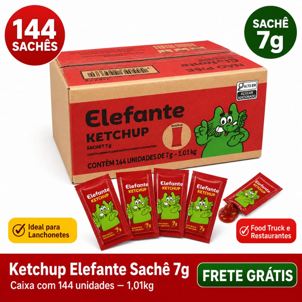 Ketchup Elefante Sachê 7g Caixa 144un | Lanchonete Food Truck Restaurante Fast Food