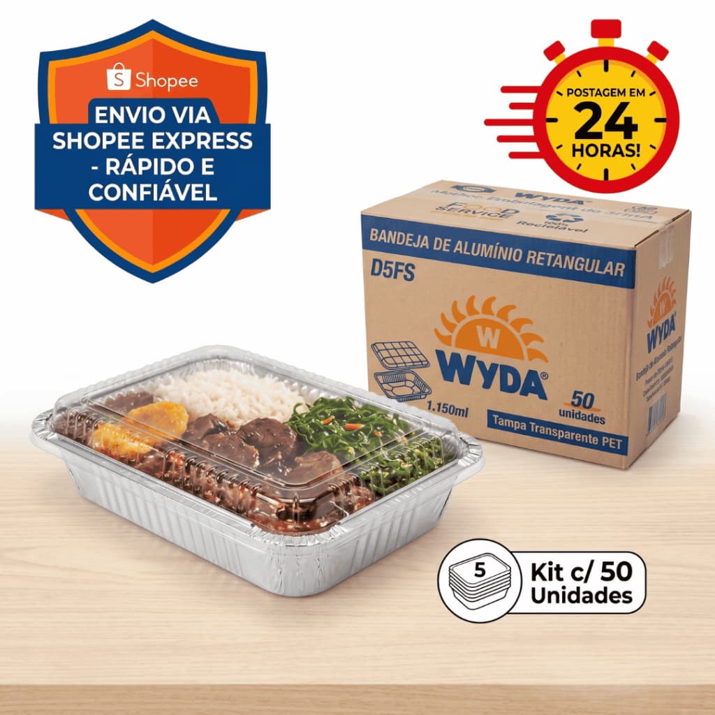 Bandeja de Alumínio Retangular D5FS 1.150ml com Tampa PET  C/50 Unidades