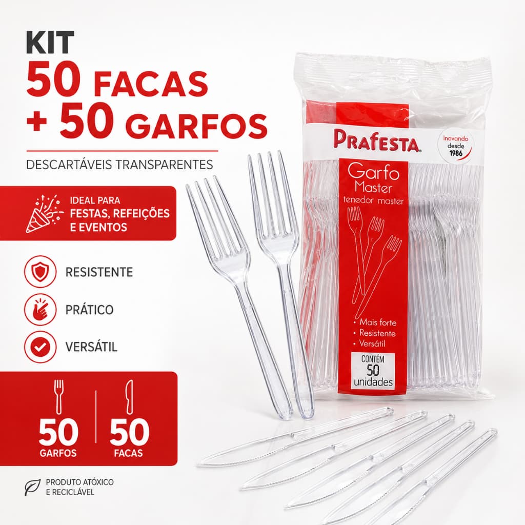 GARFO E FACA REFEIÇÃO DESCARTAVEL PLASTICO CRISTAL FESTA ANIVERSARIO DELIVERY SORVETE AÇAI KIT 50UN