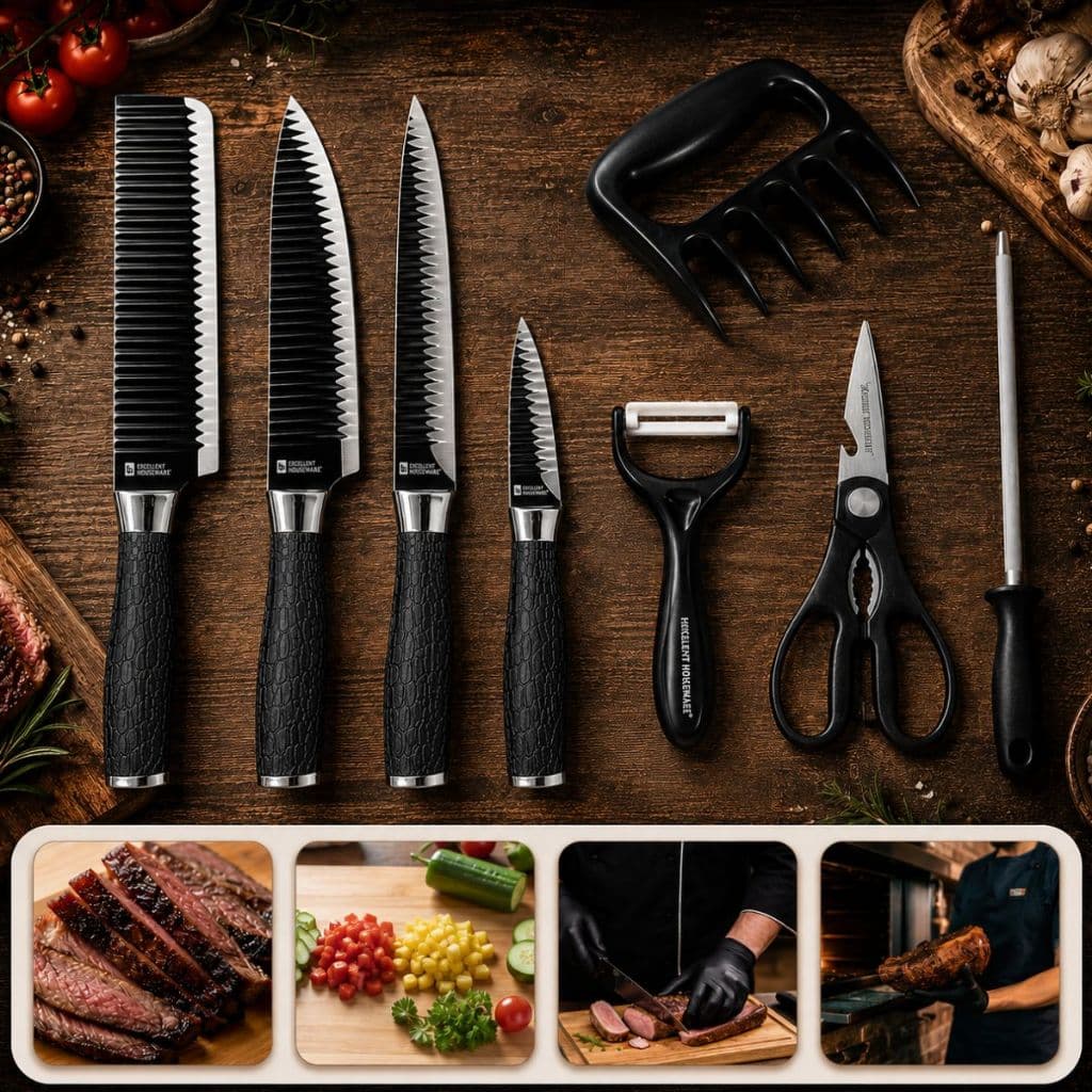 Kit Conjunto De Facas Churrasco Aço Inox Cor Preto 8 Peças Premium Chef Profissional Cutelo e Tesoura