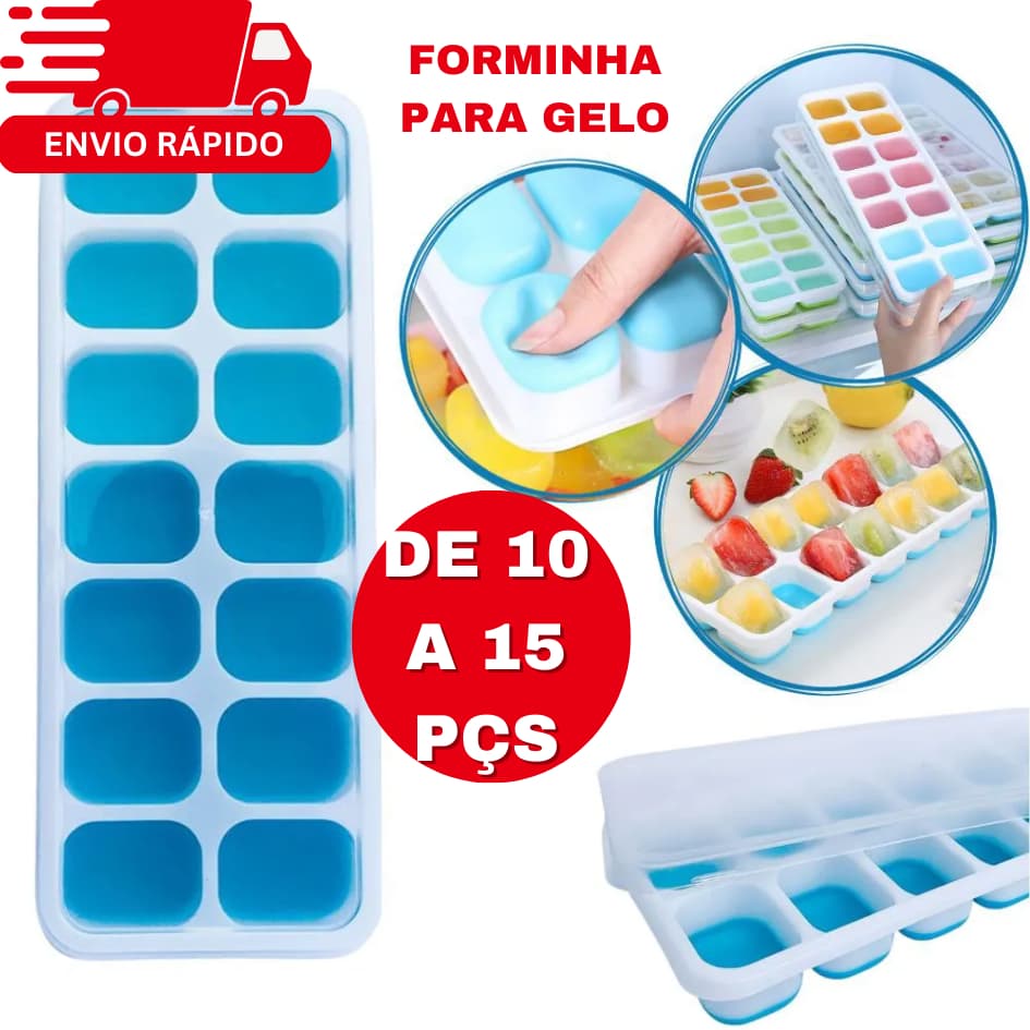 FORMAS DE GELO DE 10 A 15 PÇS COM TAMPA SILICONE 14 CUBOS FLEXÍVEL REUTILIZÁVEL E FÁCIL DE USAR