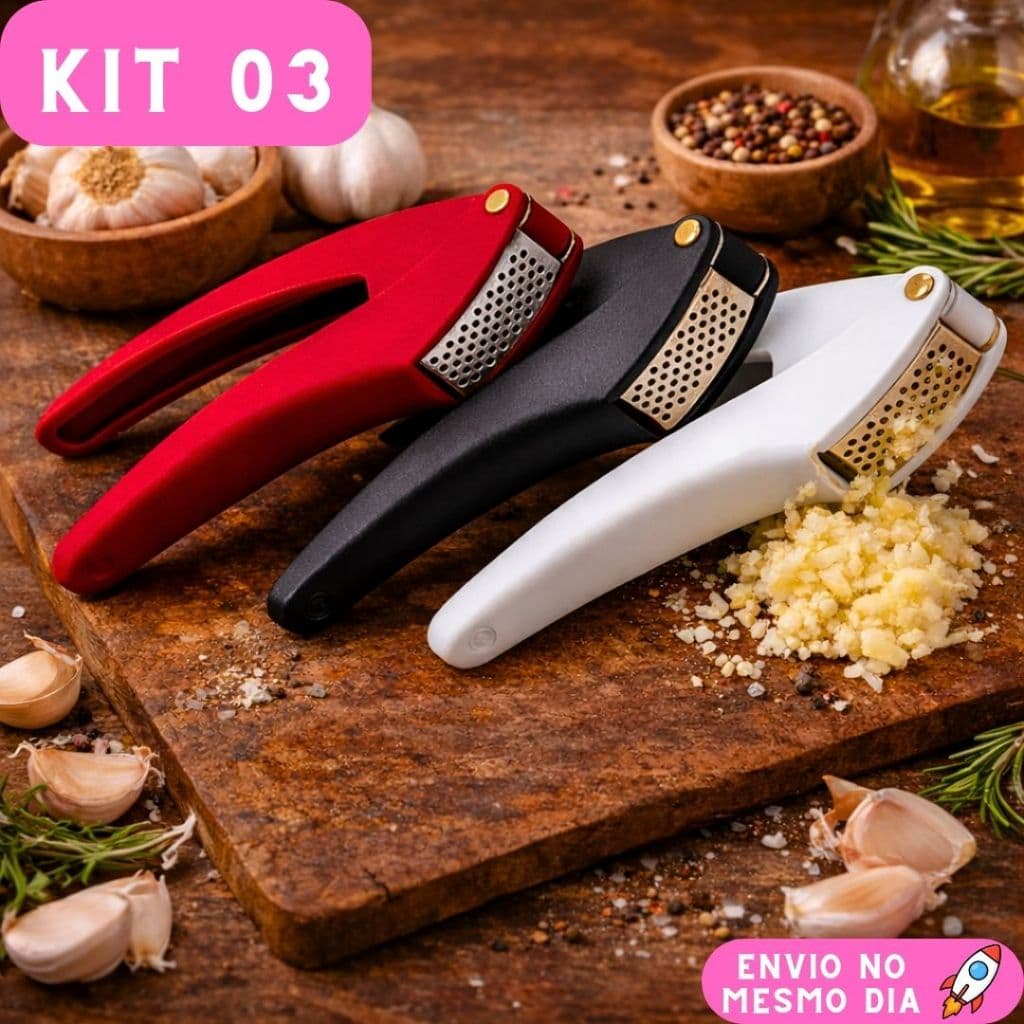 Kit 3 Espremedor de Alho Utensílios de Cozinha em Aço Inox e Plástico Linha Top Chef Profissional