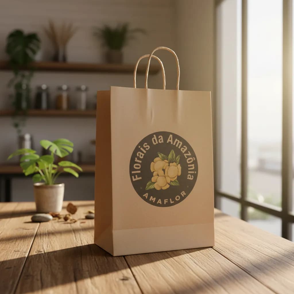 Kit 50 Sacola Papel Kraft Personalizada Logo Impressão Colorida Alça Reforçada Ecológica Delivery Comércio