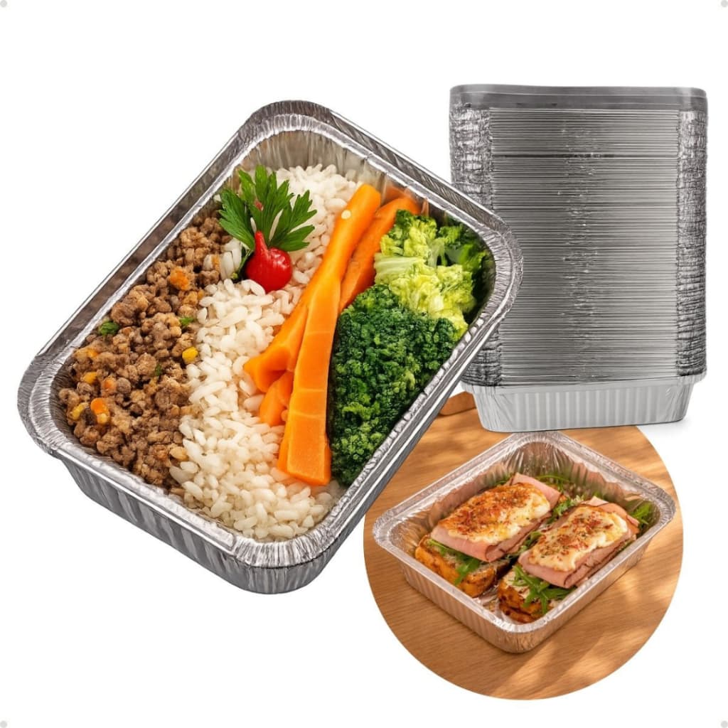 Kit 100 Marmita Aluminio 500ml 750ml 1000ml Descartavel Retangular Com Tampa Aluminizada