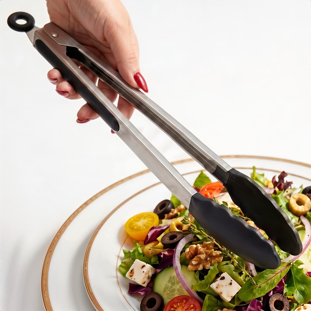Pegador Cozinha Multiuso Profissional Cabo Grande 34cm Inox Ponta Silicone Com Trava Salada