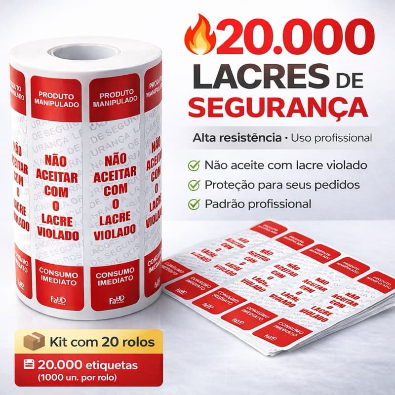 20 Rolos Lacre Delivery Segurança Universal Ifood Tamanho 10x2cm 20.000 unidades