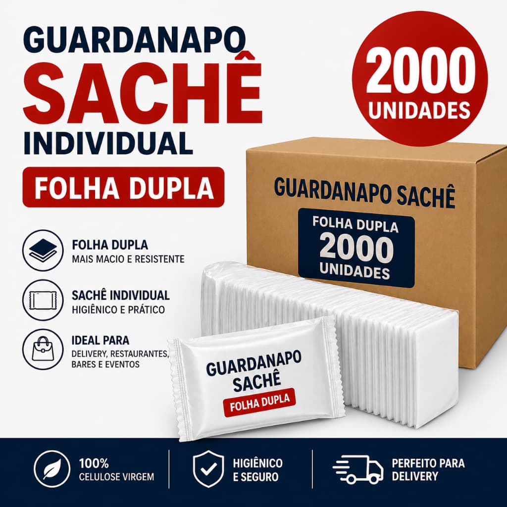 Guardanapo Sachê Individual 2000 Un Branco Folha Dupla P/ Delivery Restaurante e Bares