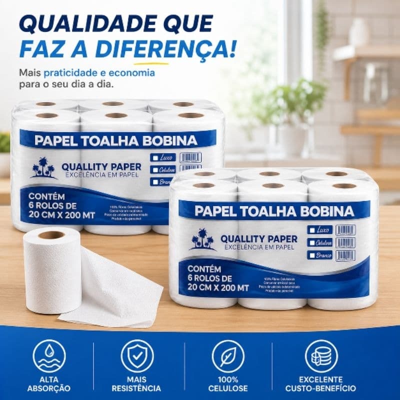 Papel Toalha Bobina 12 Rolos 20cm x 200m Alta Absorção Econômico Industrial Profissional