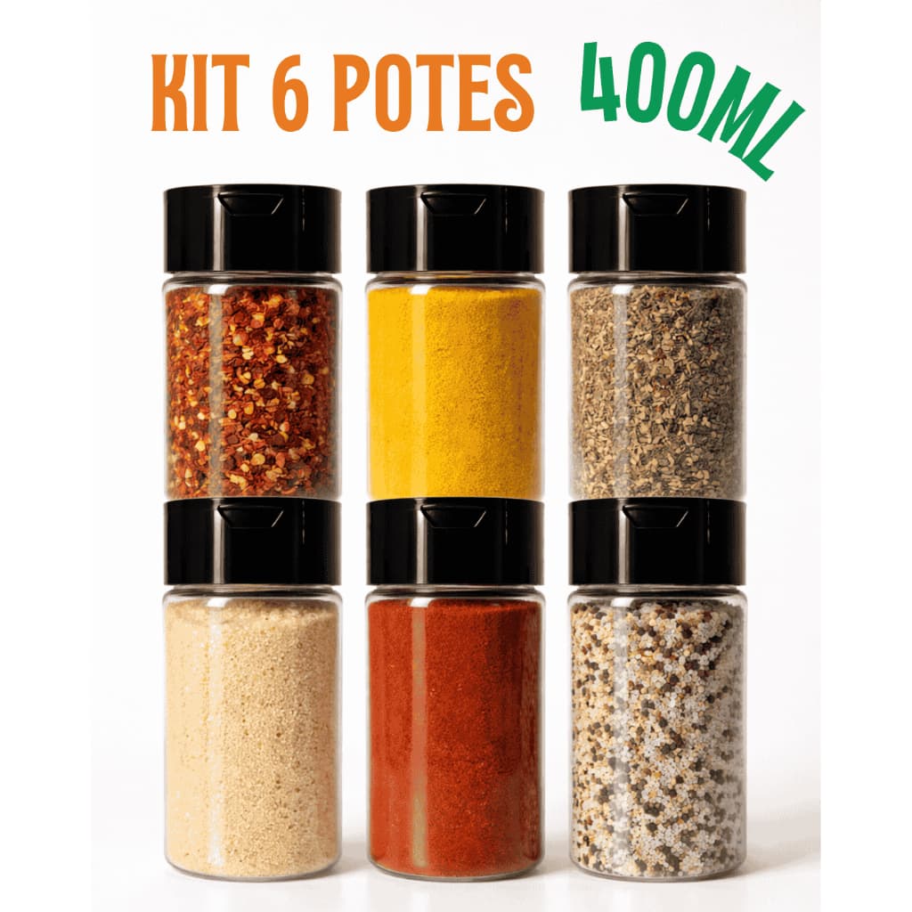 Kit 6 Potes PET 400ml para Temperos com Tampa Flip Top Preta – Hermético