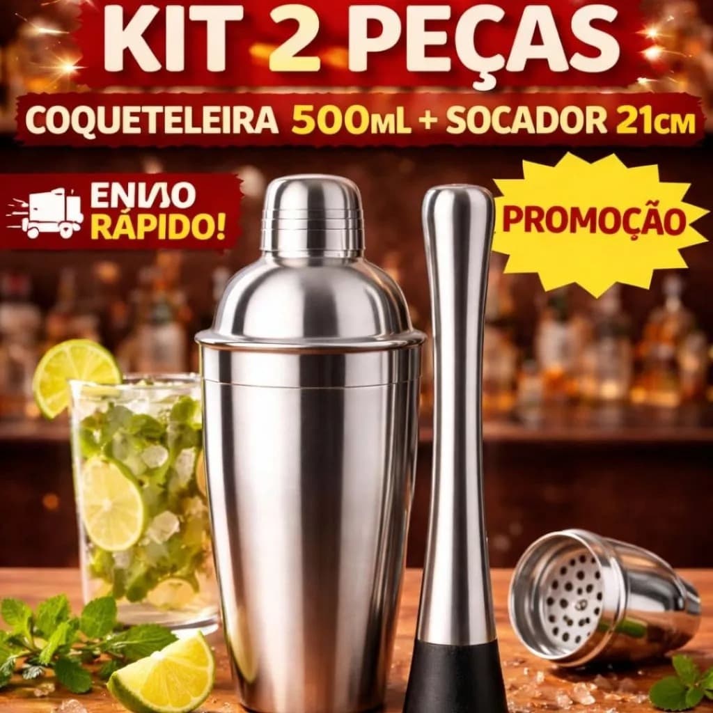 Kit caipirinha 2 peças bartender profissional - coqueteleira 500ml, socador, copo dosador inox uso em  casa e festas