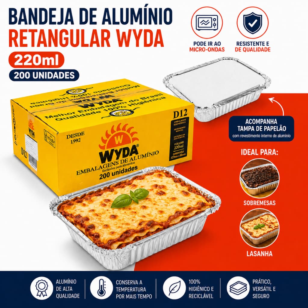 200 Unidades Bandeja Marmitinha de Alumínio D12 Retangular 220ml