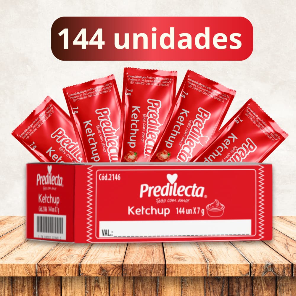 Ketchup Sache Tradicional Predilecta 7g Caixa 144 Unidades Molho Lanches Fritas Padaria Eventos