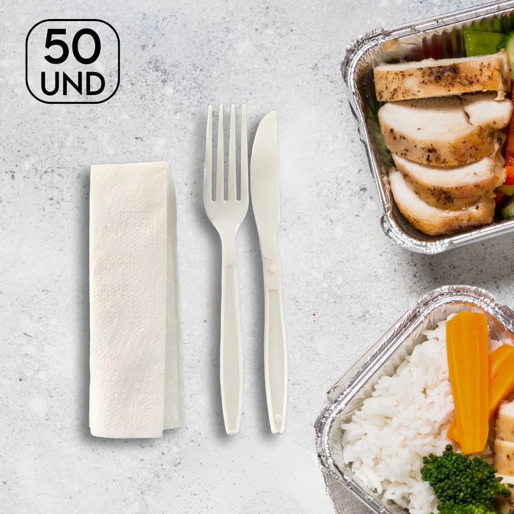 Kit Talheres Descartáveis Garfo Faca Guardanapo Festa 50Un Reforçado Embalados