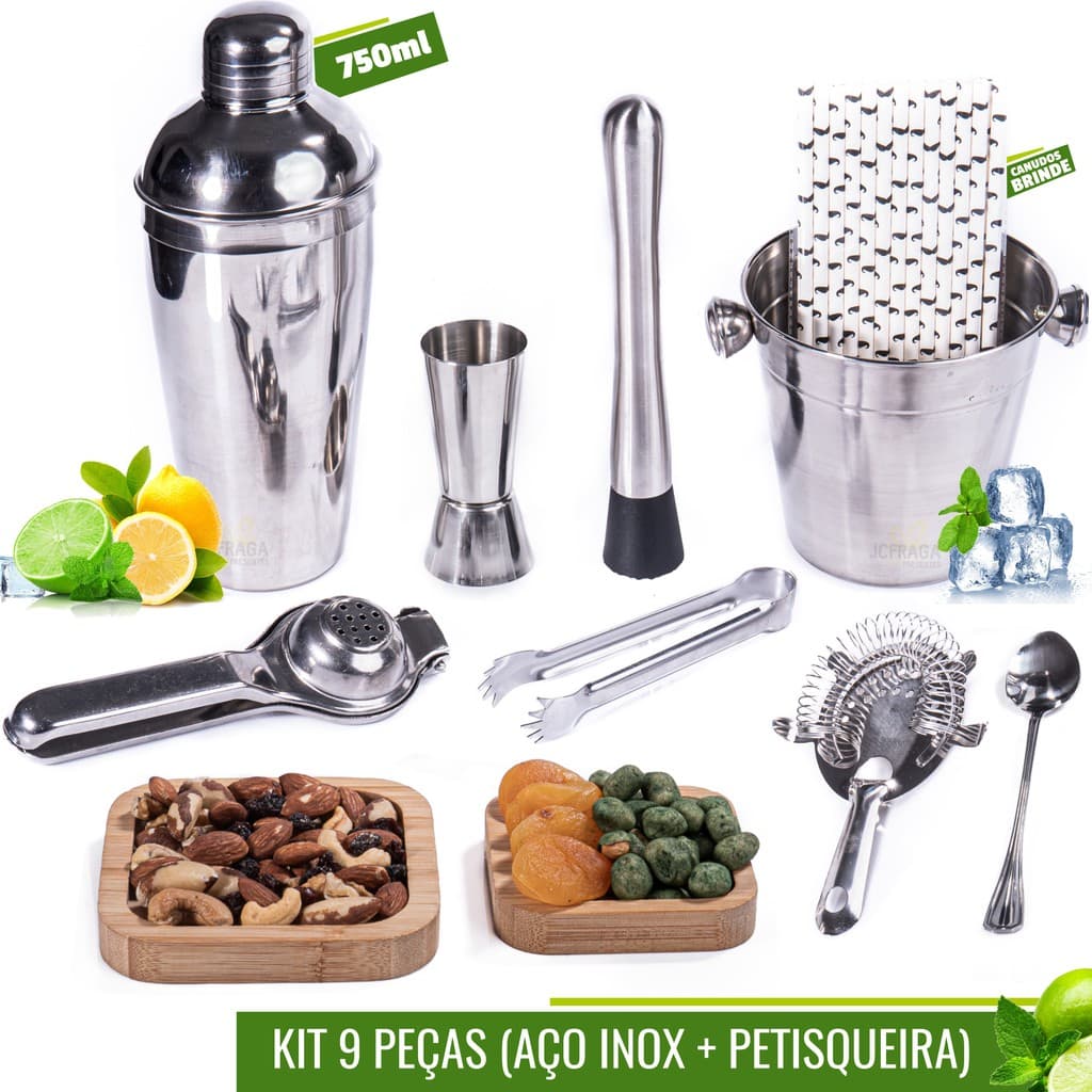 Kit Bar Inox Caipirinha Profissional Coqueteleira 750 Ml - Presente dia dos Pais