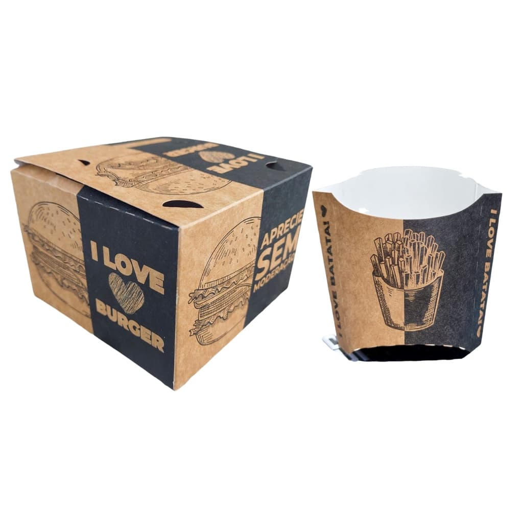 Caixa de Hambúrguer + Caixa Batata Frita Kraft  e preto estampa Exclusiva - 100 unidades de cada caixa