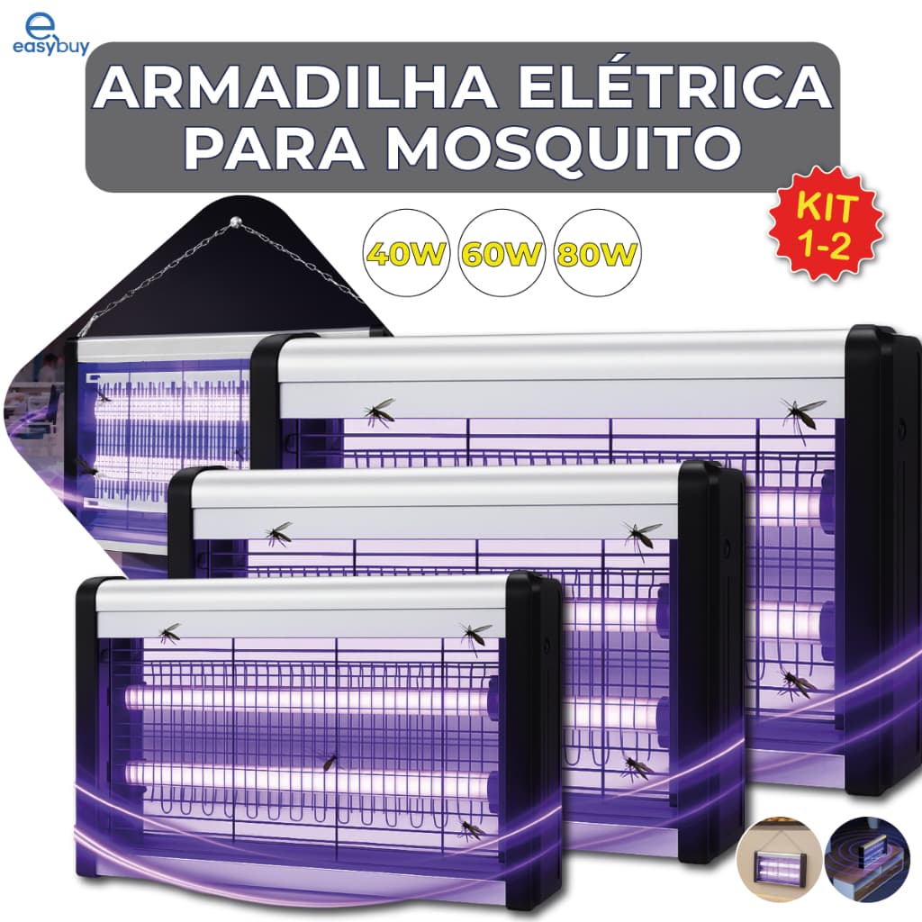 Kit 1/2 Armadilha Elétrica para Mosquito 40W 60W 80W Mata Insetos Luminária Led com Suporte Parede