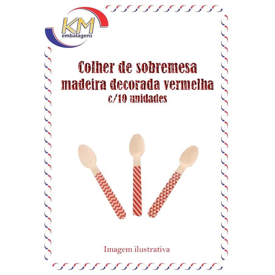 Colher sobremesa madeira descartável decorada vermelha c/10 unid - ovo de colher, sobremesa em geral, biodegradável