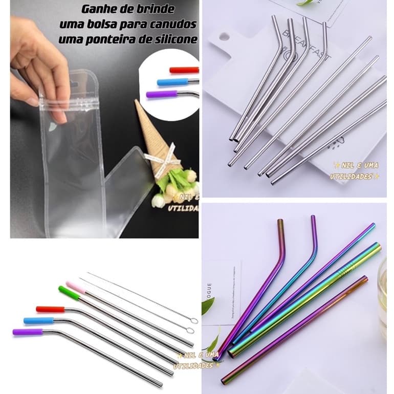 Kit Com 2 Canudos Aço Inox Furta Cor Reutilizável + Escova Para Limpeza + ponteira de silicone de brinde