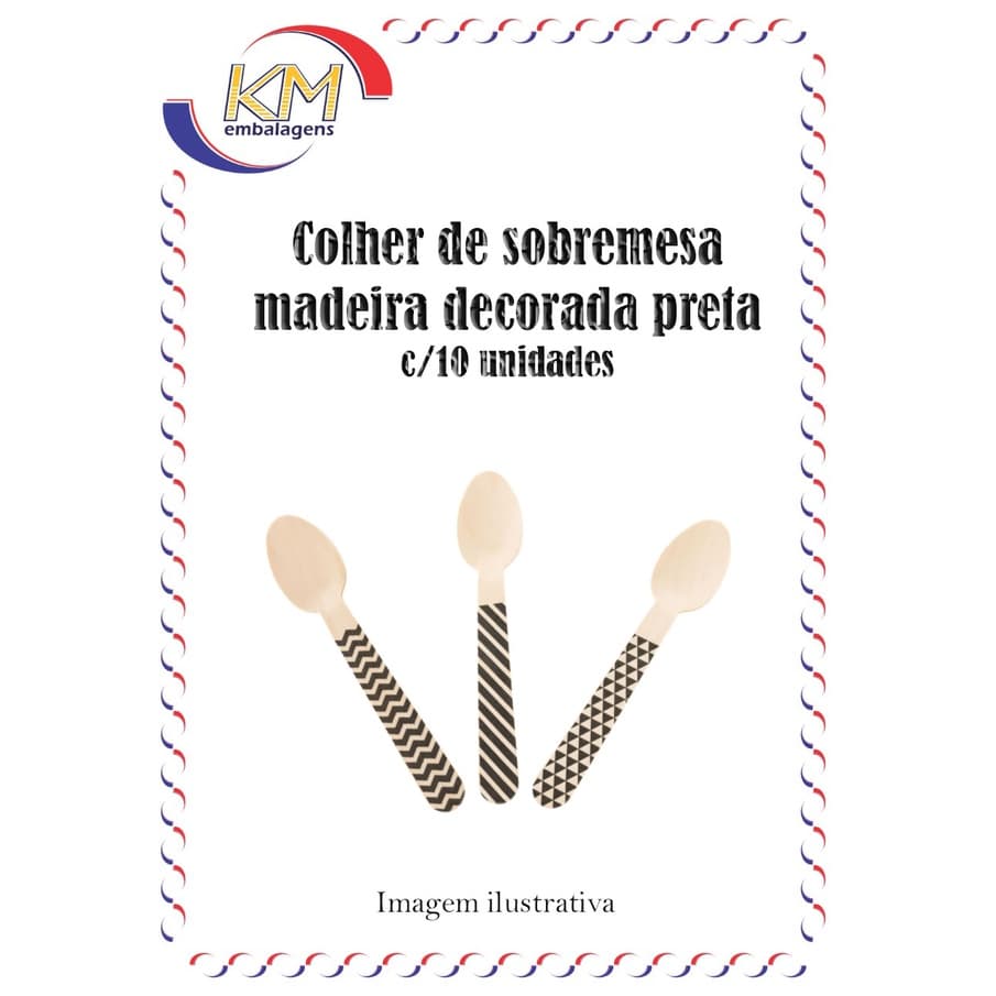 Colher sobremesa madeira descartável decorada preta c/10 unid - ovo de colher, sobremesa em geral, biodegradável