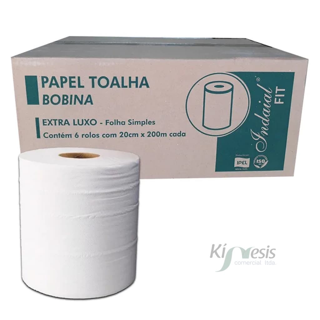 Papel Toalha Bobina 100% Celulose 20cmX200m C/6 Rolos Indaial Ideal Para Dispenser Banheiro Cozinha
