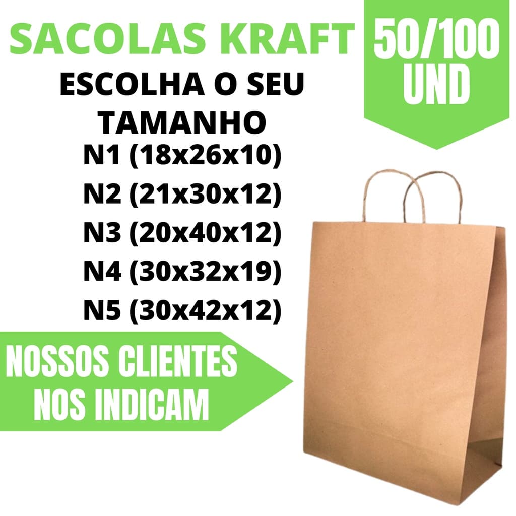 Sacola de Papel Kraft Com Alça Presente ou Delivery Com 50 ou 100 Unidades