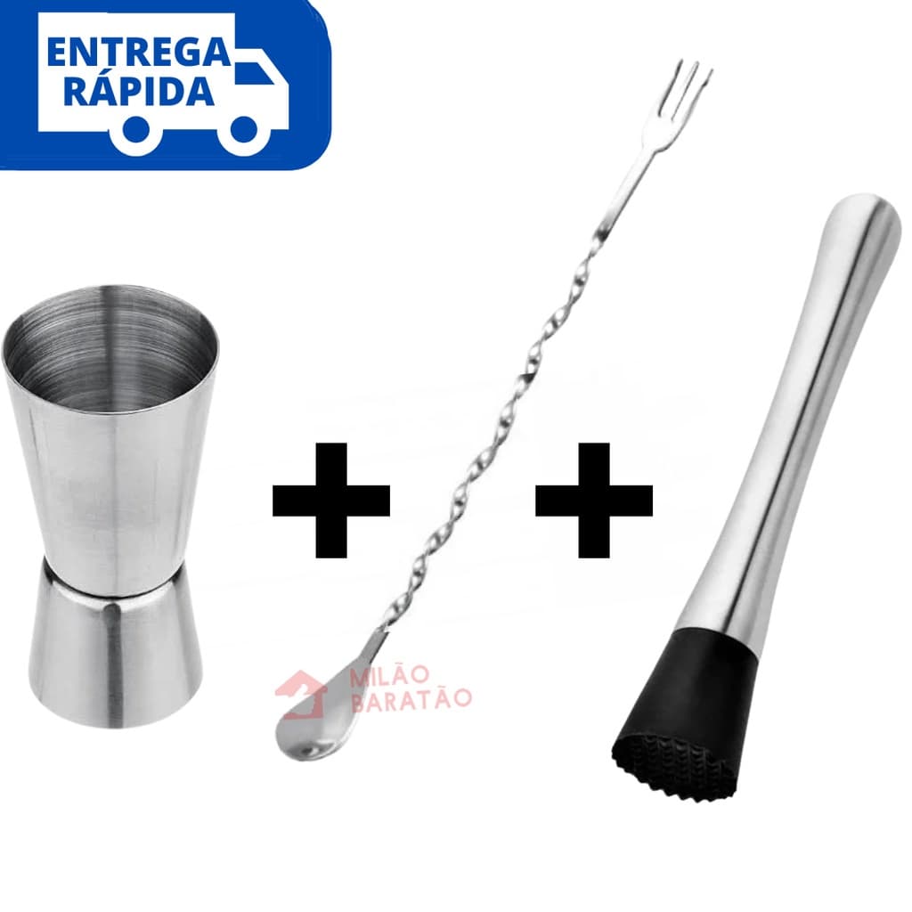 Kit Dosador Medidor De Bebidas Duplo / Colher Bailarina Com Mini Garfo 30 Cm e Socador Amassador de Caipirinha   Inox Para Gin Tônica Barman e Bartender