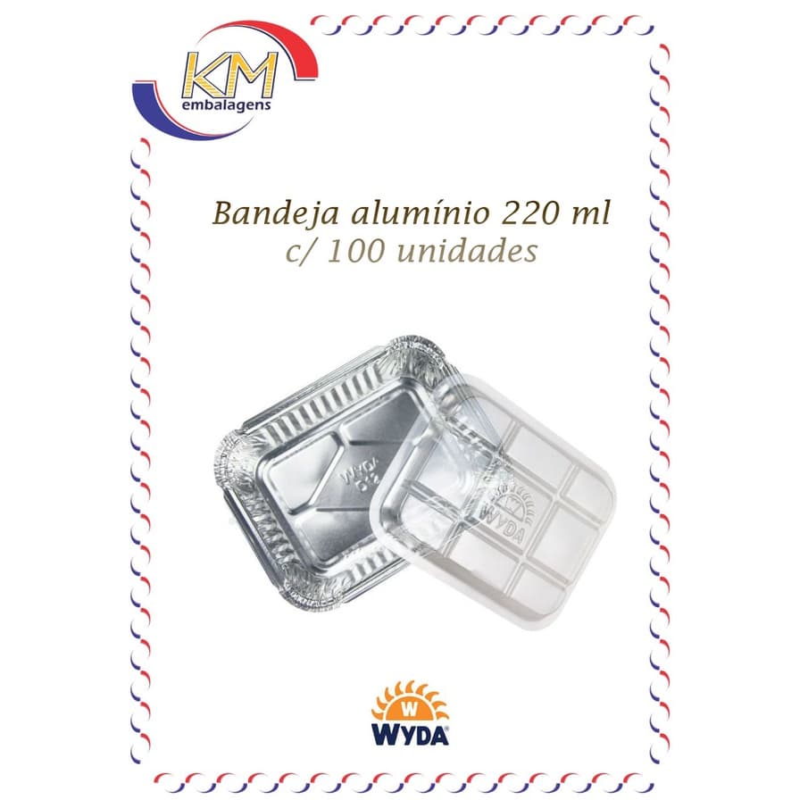 Bandeja alumínio retangular c/tampa PET 220ml c/100 unid. - Wyda - embalagem alimento