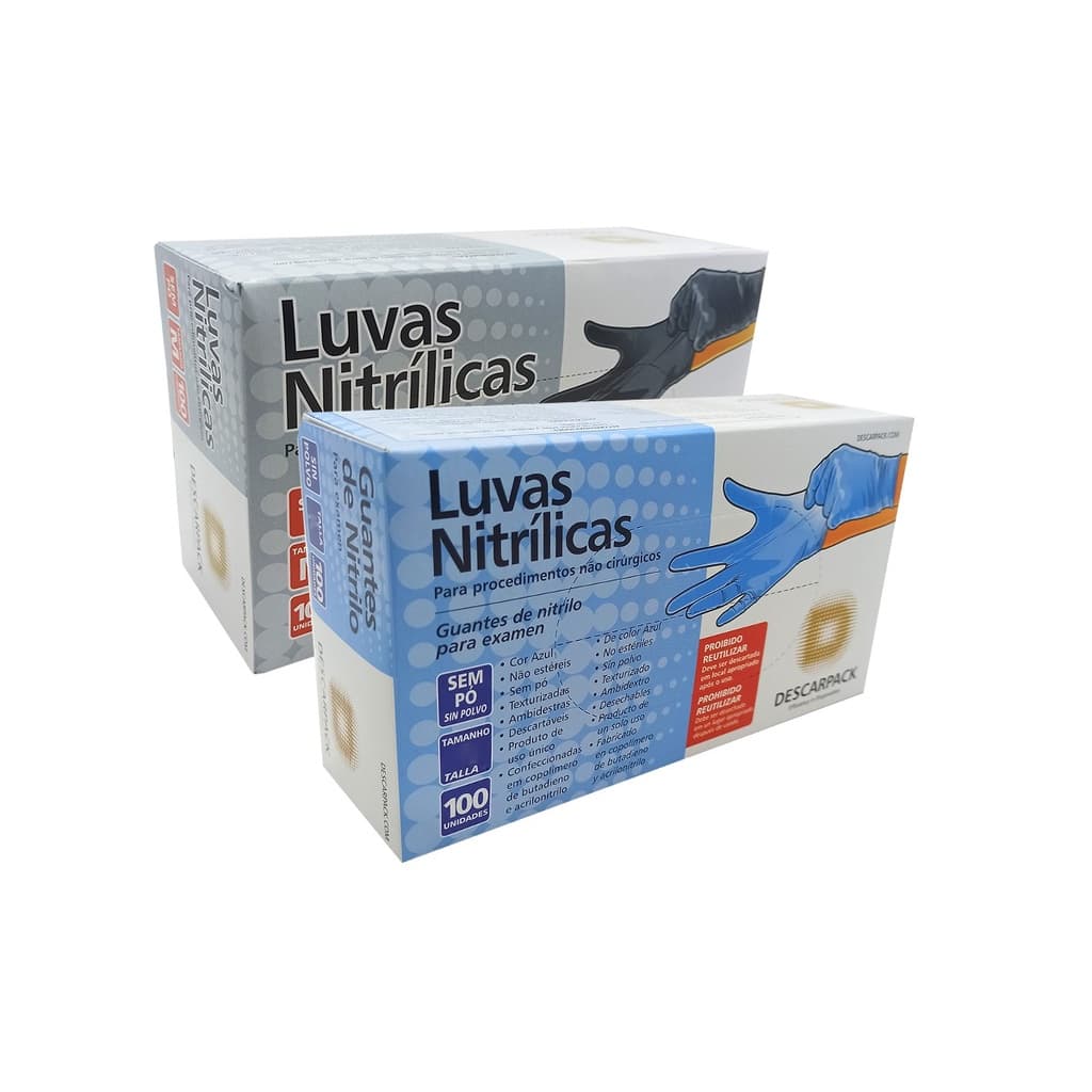 Kit Caixa 100 Unidades Luva Nitrílica Descartável Preta/Azul Sem Pó Descarpack