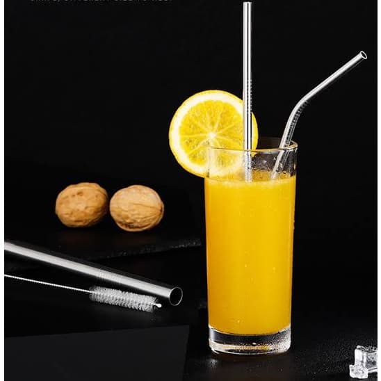 Kit com 3 Canudos Inox Reutilizável (1 RETO e 2 CURVADOS) + 1 Escova de Limpeza