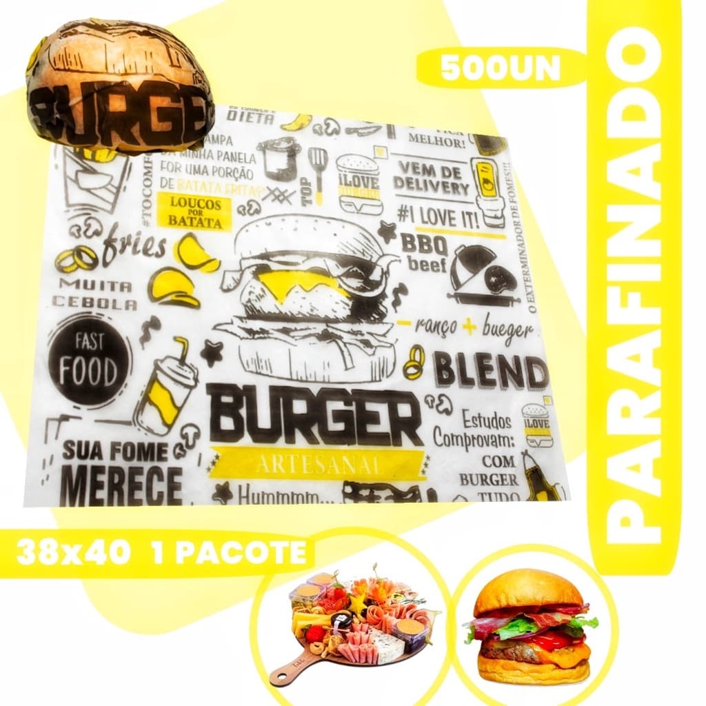 PAPEL MANTEIGA EMBALAR HAMBURGUER LANCHES FRIOS 38X40 500FL