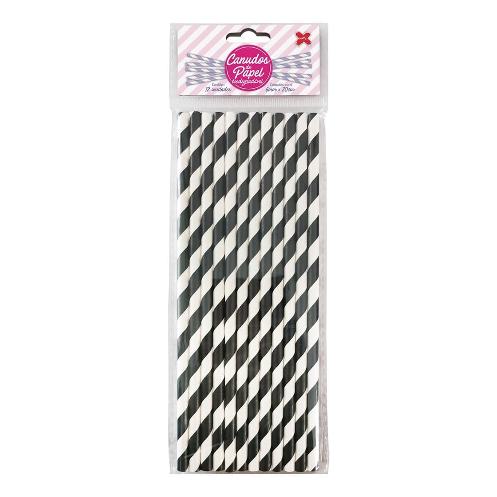 Canudo de Papel Listrado Preto/Branco 6mm x 200mm - 4319 - 12 unidades