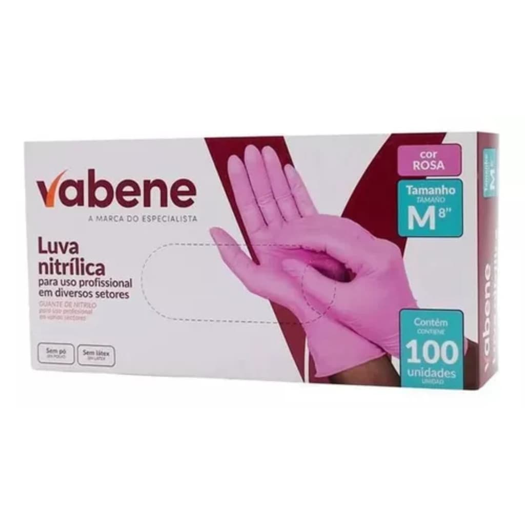 Luva Nitrílica Tamanho M Rosa Descartável CX c/ 100un Sem Pó Cozinha Estética Não Cirúrgica Vabene