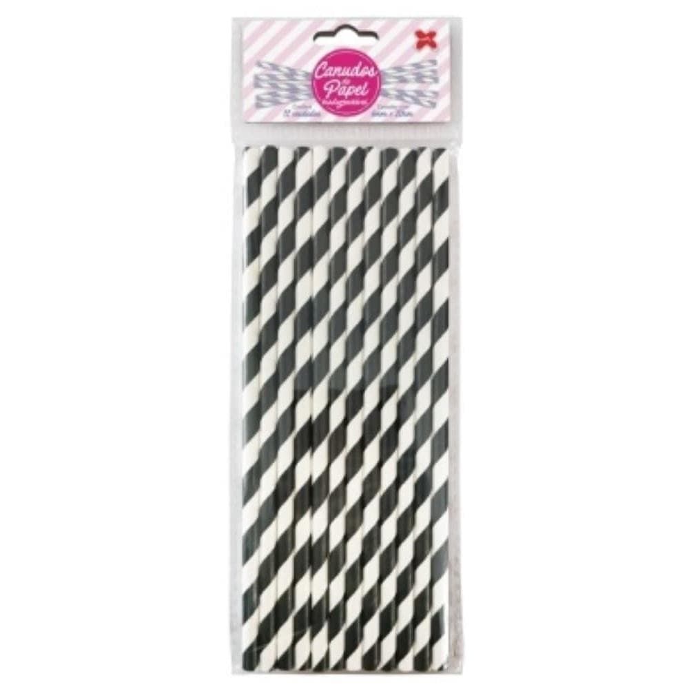 Canudo Papel Listras Preto E Branco Com 12 Unidades Make+